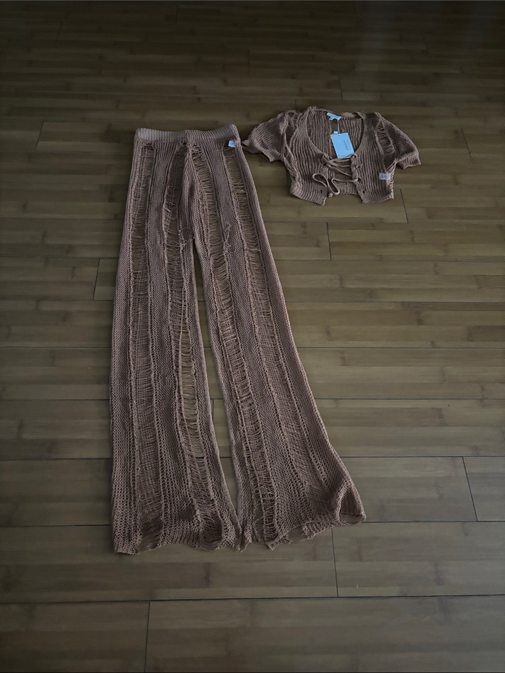 Knit Wide-Leg Pants & Crop Top Set - Brown